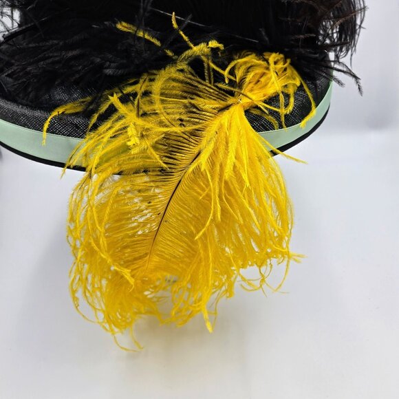 Vintage Hat With Feathers And Flowers Black Yellow Costume Halloween Fancy Read - Picture 8 of 11